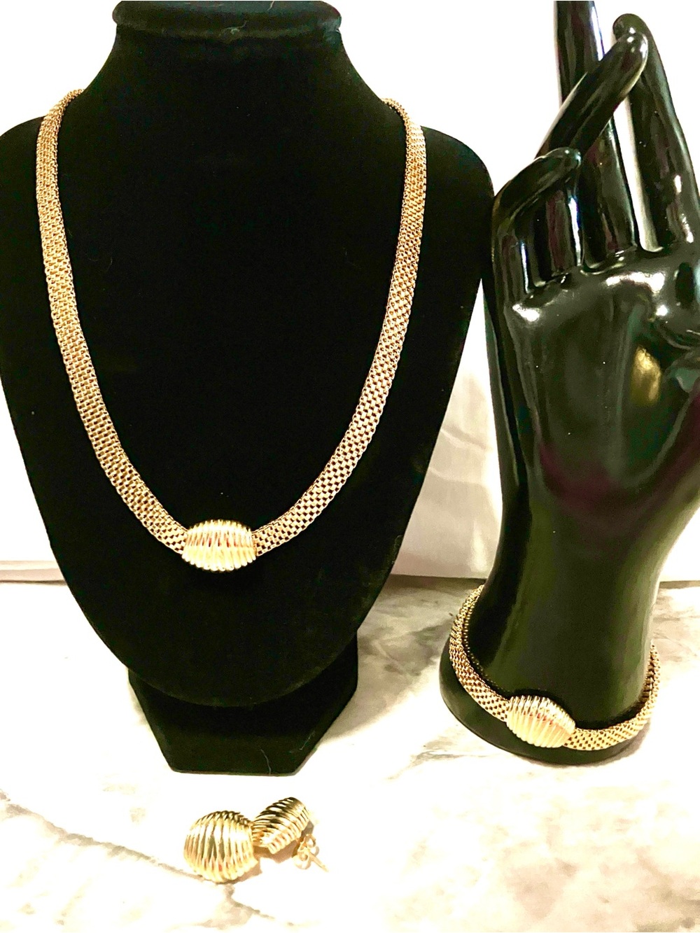 Gold Ribbed Mesh Necklace, Bracelet & Earrings Set - Women Jewelry